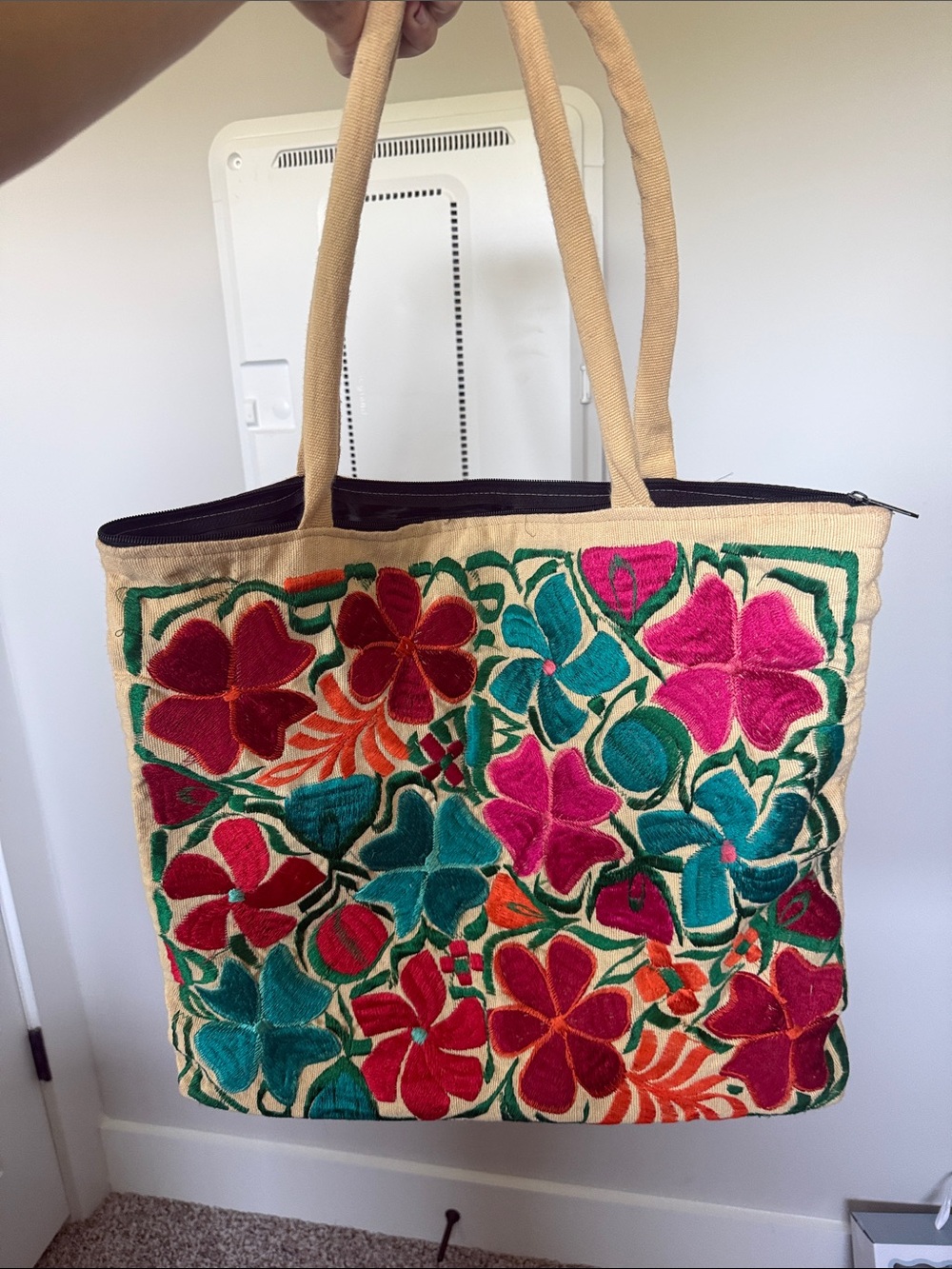 Embroidered Floral Canvas Tote Bag in Beige with Multicolor Flowers